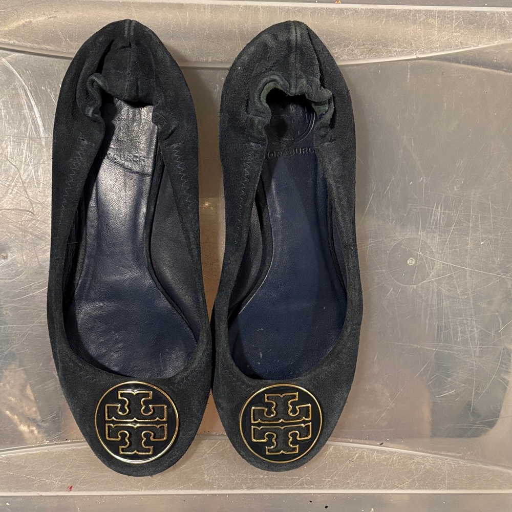 Tory Burch Navy Suede Flats with Gold Logo
